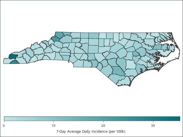 County level data for North Carolina using the NYT COVID data set. Date set to June 8, 2021.